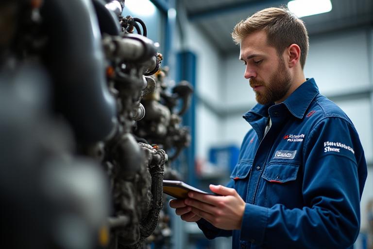 Mechanic inspecting a large truck engine