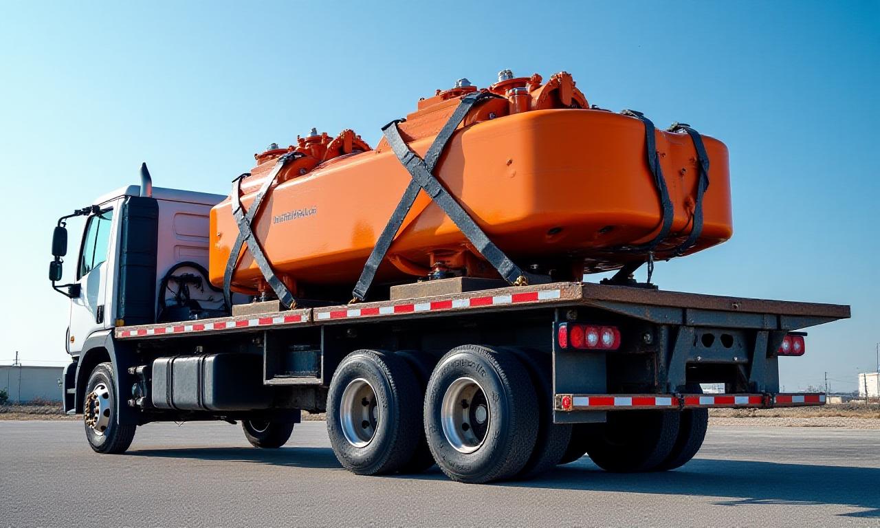 Flatbed truck hauling heavy equipment