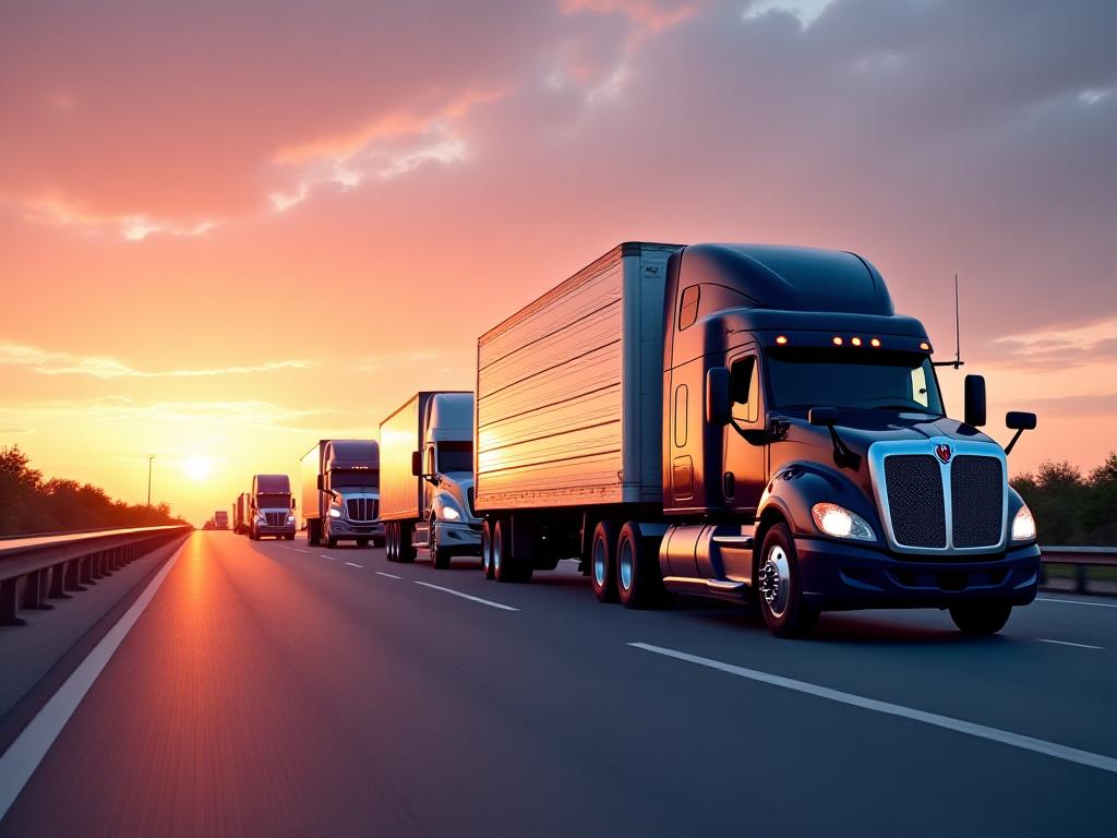 Modern fleet of trucks on a Texas highway at dawn