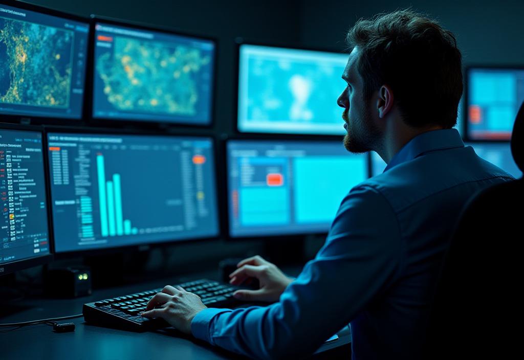 Logistics dispatcher coordinating truck fleet on multiple screens